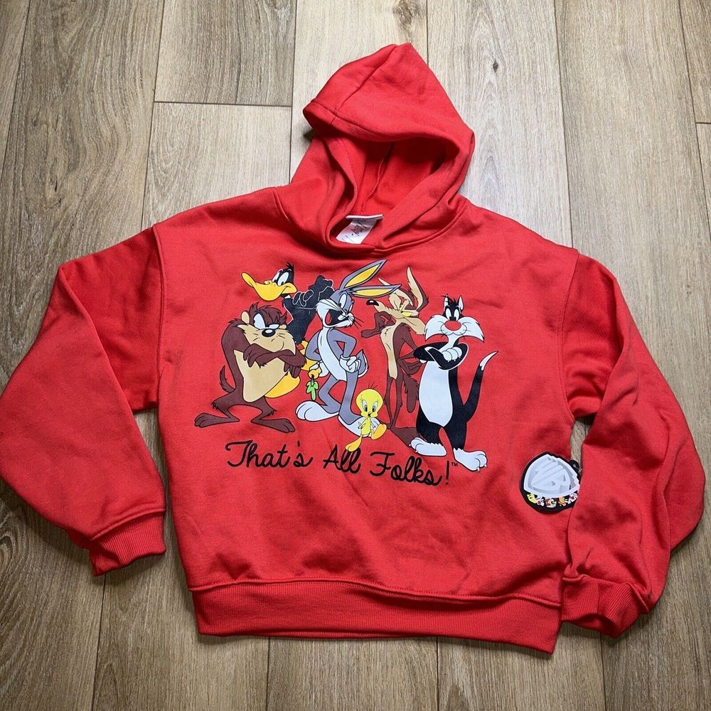 Looney Tunes Bugs Taz Daffy Long Sleeve Cropped Hoodie Top Womens Juniors Size M